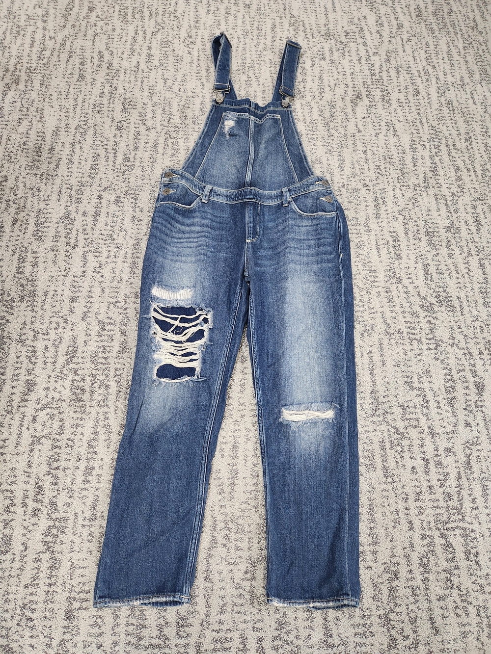 PAIGE Distressed Medium Blue Denim Overalls